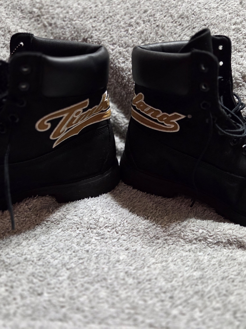 Timberland Black Boots with Tan Script Logo